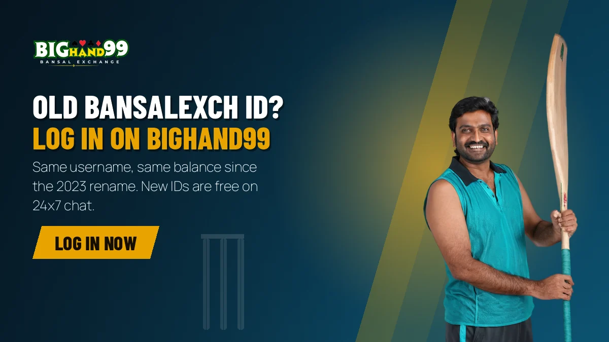 Smiling batsman holding a cricket bat beside text saying an old BansalExch ID logs in on Bighand99